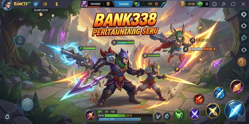 Tangkapan layar utama BANK338 menunjukkan aksi intens dalam pertempuran MOBA.