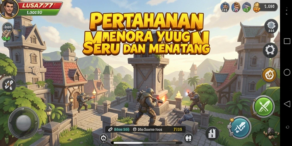 Screenshot utama LUSA777 menampilkan aksi seru dalam gameplay Tower Defense.