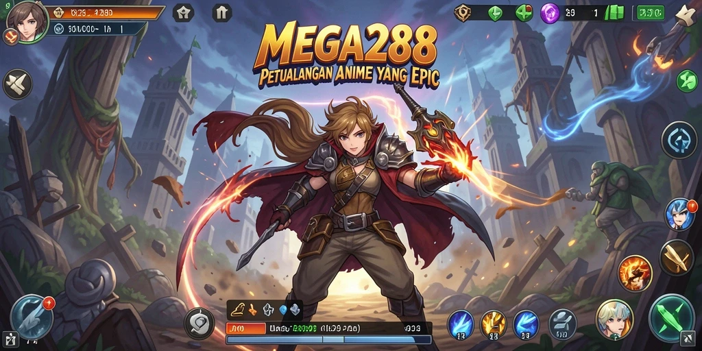 Screenshot gameplay MEGA288 dengan karakter anime yang beraksi.