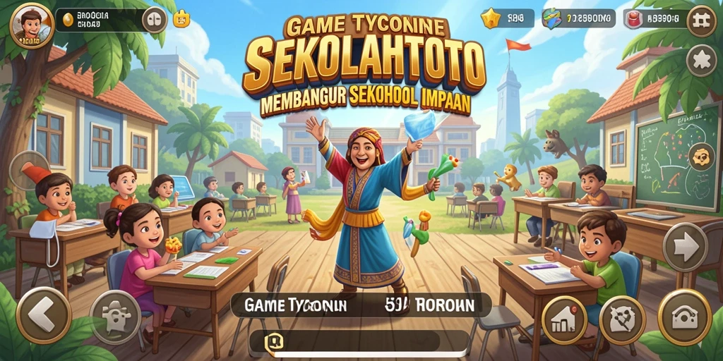 Screenshot dari gameplay SEKOLAHTOTO menampilkan sekolah yang dirancang dengan indah.