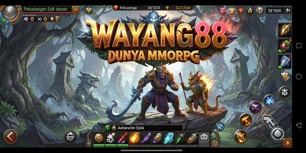Screenshot permainan WAYANG88 menampilkan pertempuran epik antara karakter pemain dan monster.